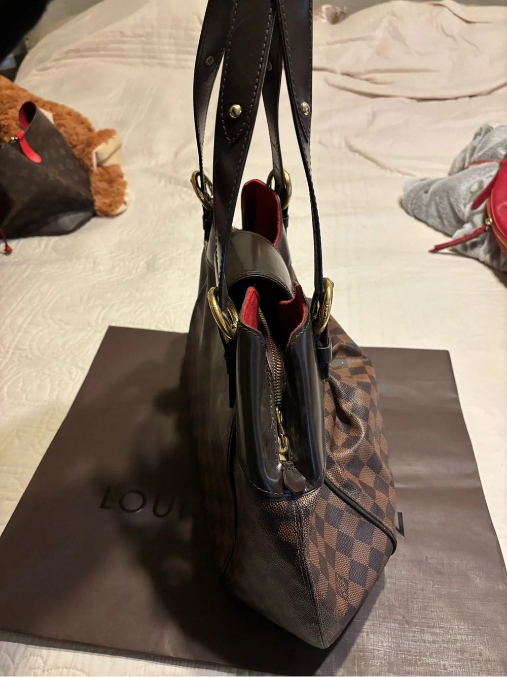 Louis Vuitton Damier Ebene Shoulder Bag with Gold Hardware